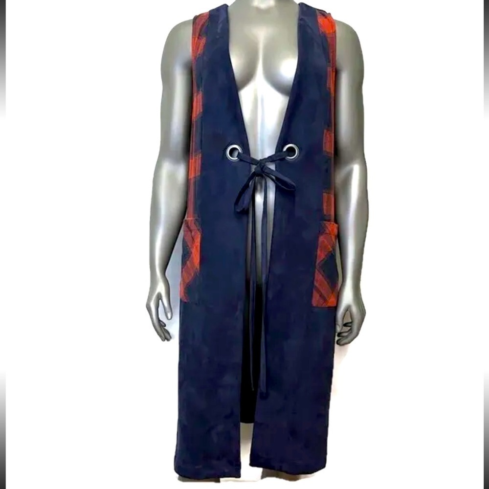 BCBGenerstion Buffalo Plaid Vest Duster Womens M Sleeveless Red Blue Western